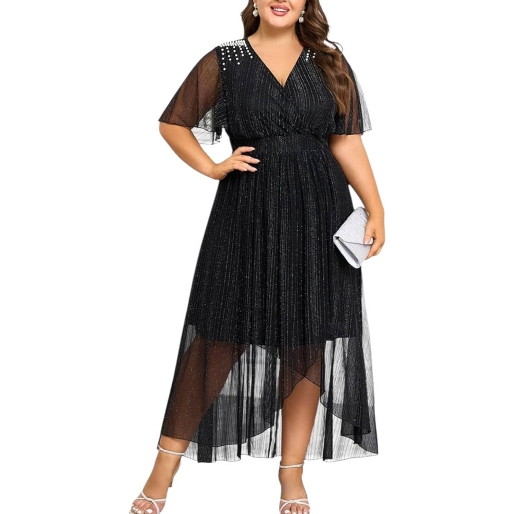 XL Elegant Black Party dress beaded shoulders flutter sleeves